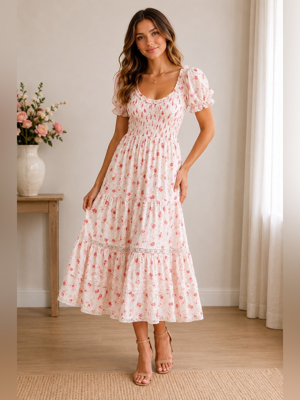 LoveShackFancy for Target Floral Smocked Puff Sleeve Cottagecore Dress Size S